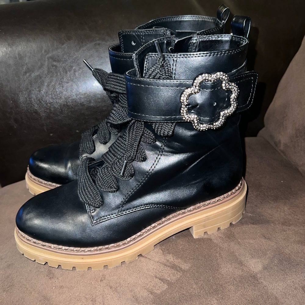 Sam & Libby Samantha Embellished Samantha Combat Boots faux leather sz 8